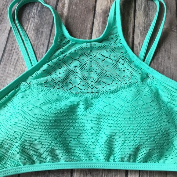 New Crochet Lace Bikini Swimsuit Top‎ Jr Women L Island Soul Swim High Neck Aqua - Picture 2 of 5